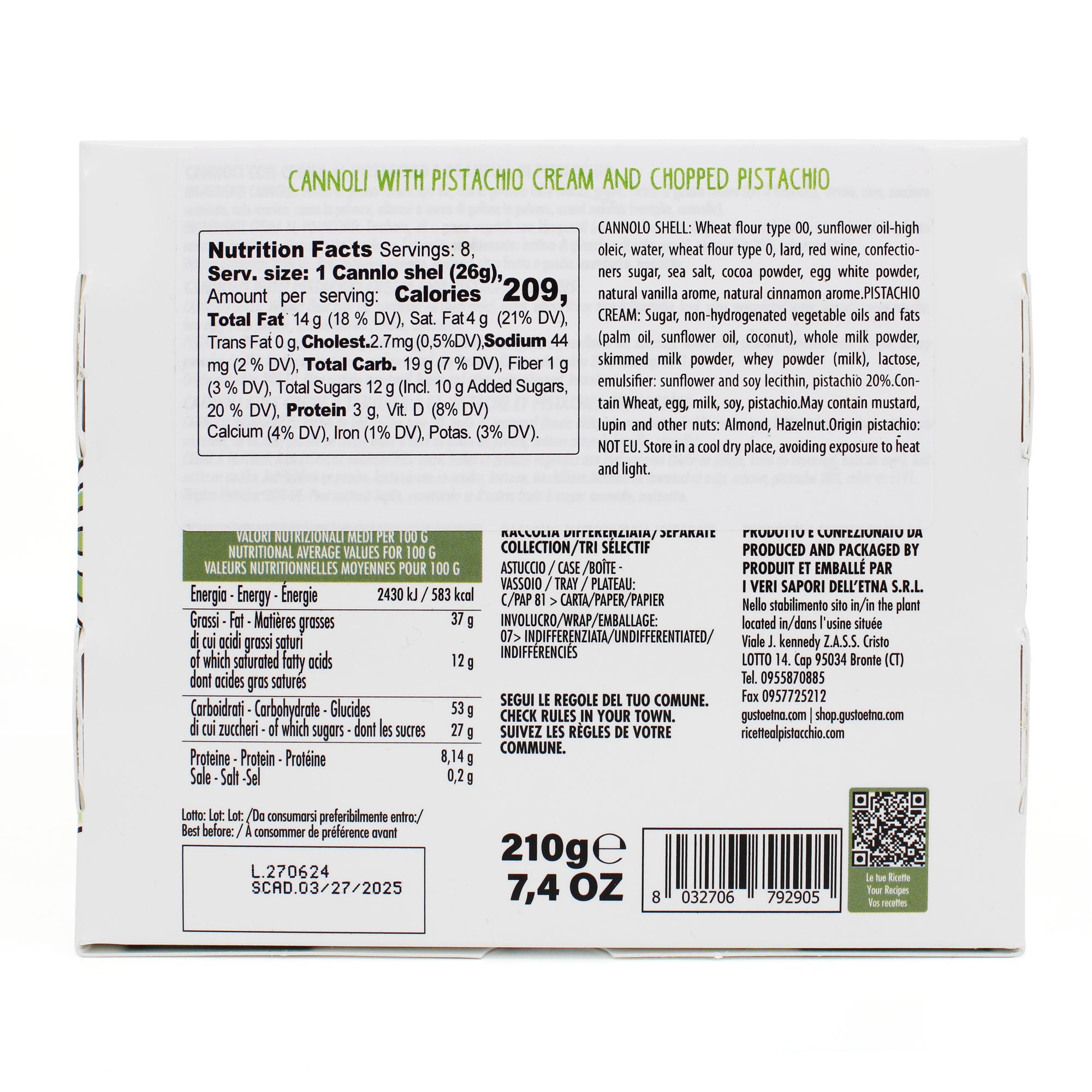 Gusto Etna, Sicilian 8 pcs Cannoli filled with Pistachio Cream Gift Box