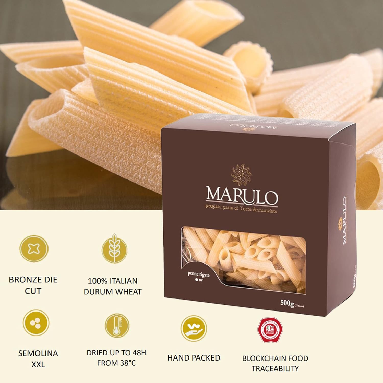 Marulo, Penne Pasta, Artisan Bronze Die-Cut Pasta, 12 Pack x 1.1 lb