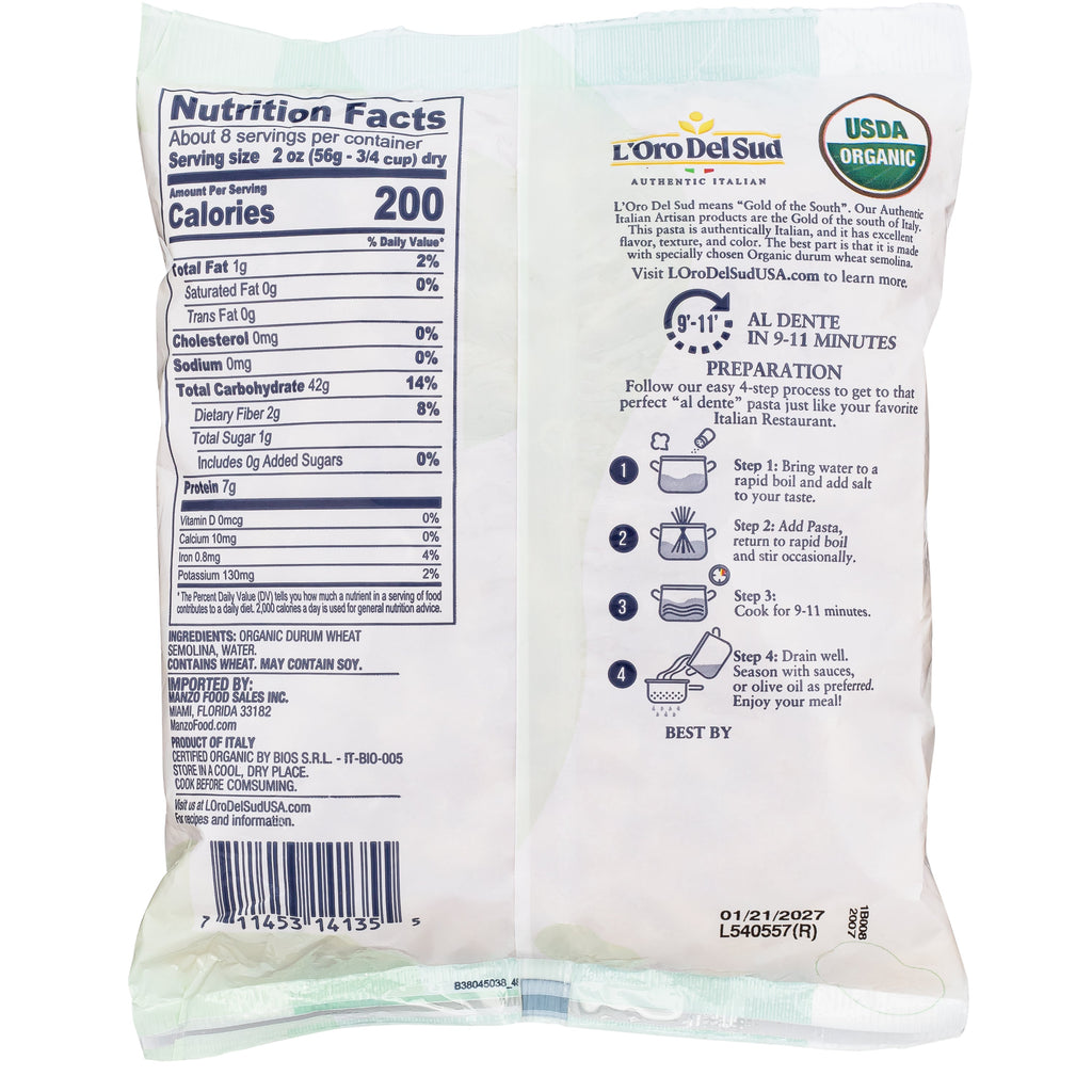 L'Oro Del Sud, Organic Ditalini Pasta, 20 Pack x 1 lb