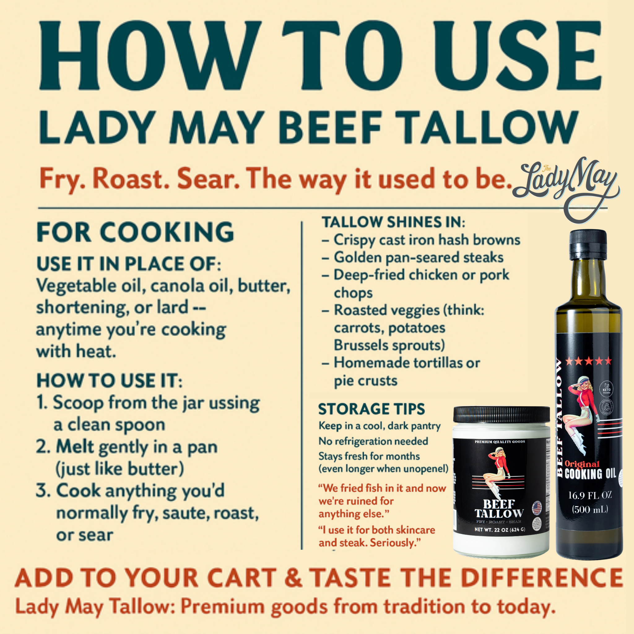 Lady May Tallow Cooking Oil Trio Bundle | Grass-Fed Beef Tallow & Olive Oil | Original, Rosemary Garlic & Lemon Pepper | Clean High-Heat Cooking from Our Restaurant Kitchen