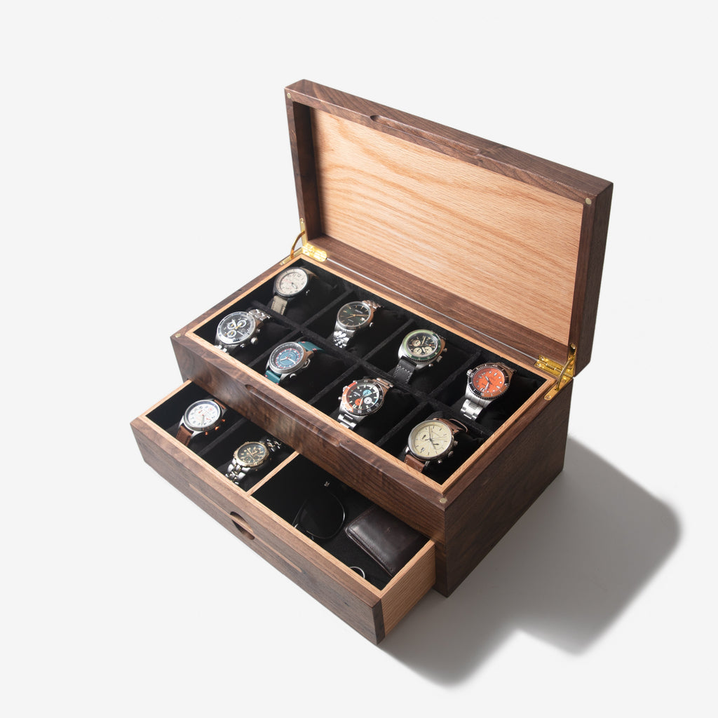 Watch Box with Drawer - Black Walnut and Oak - 12 to 16 Watch Compartments