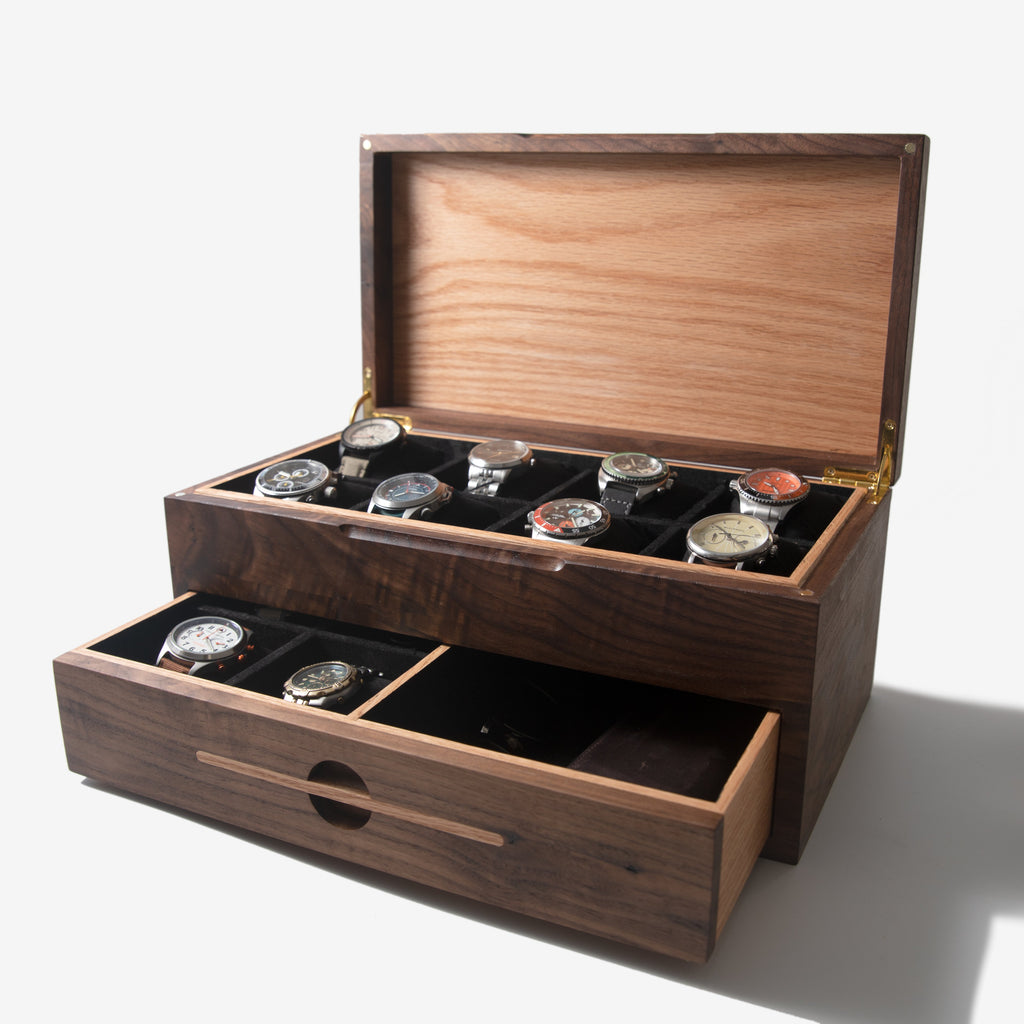 Watch Box with Drawer - Black Walnut and Oak - 12 to 16 Watch Compartments
