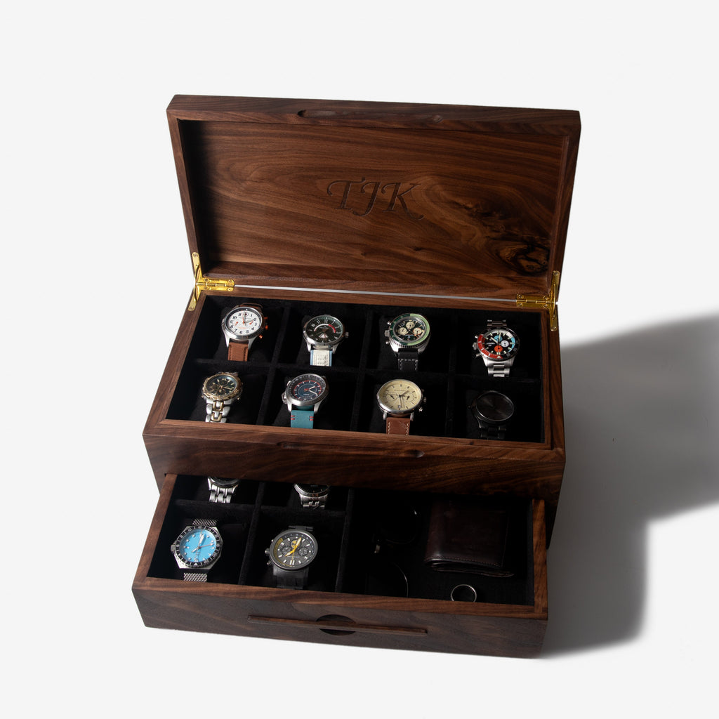 Watch Box with Drawer - Solid Black Walnut - 12 to 16 Watch Compartments