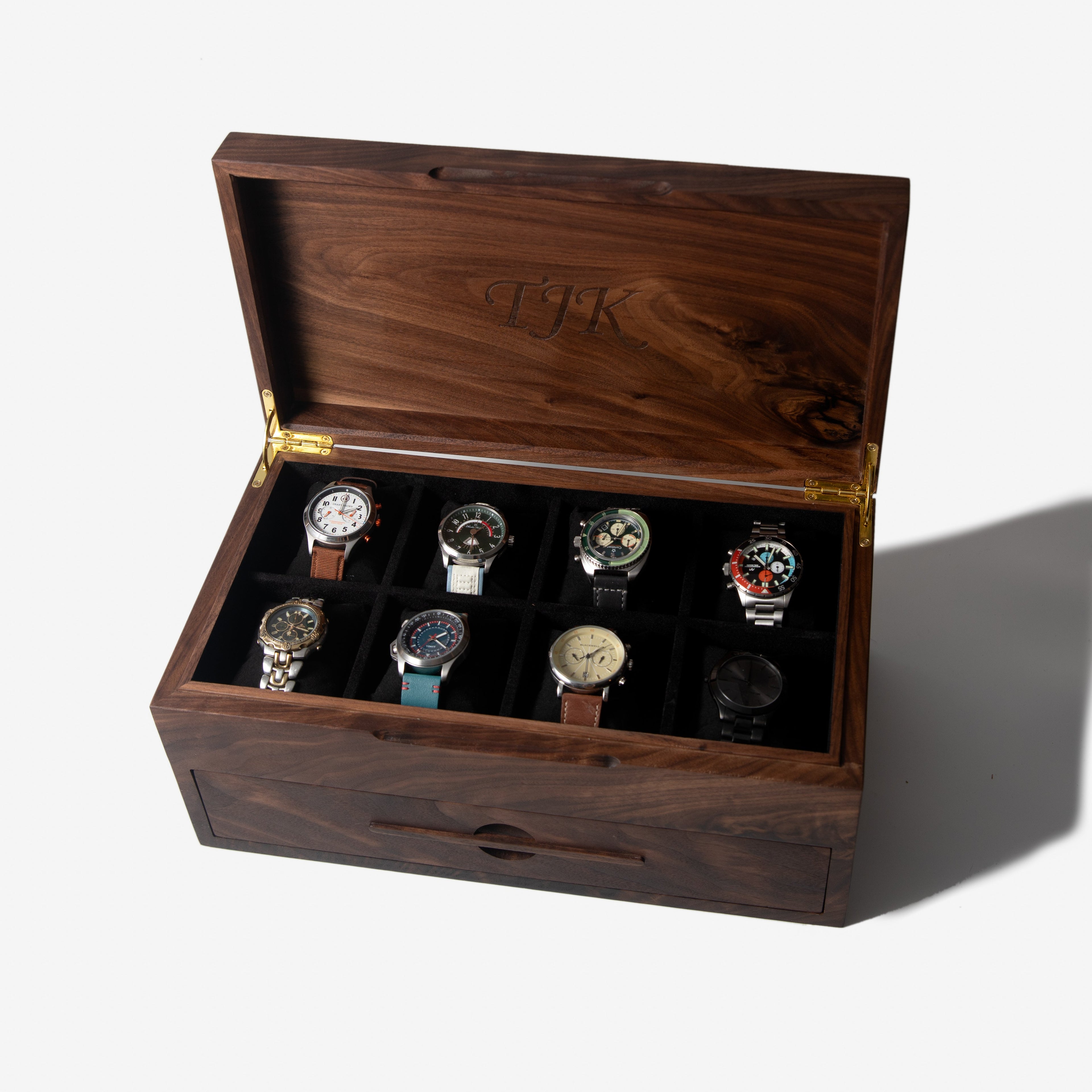 Watch Box with Drawer - Solid Black Walnut - 12 to 16 Watch Compartments