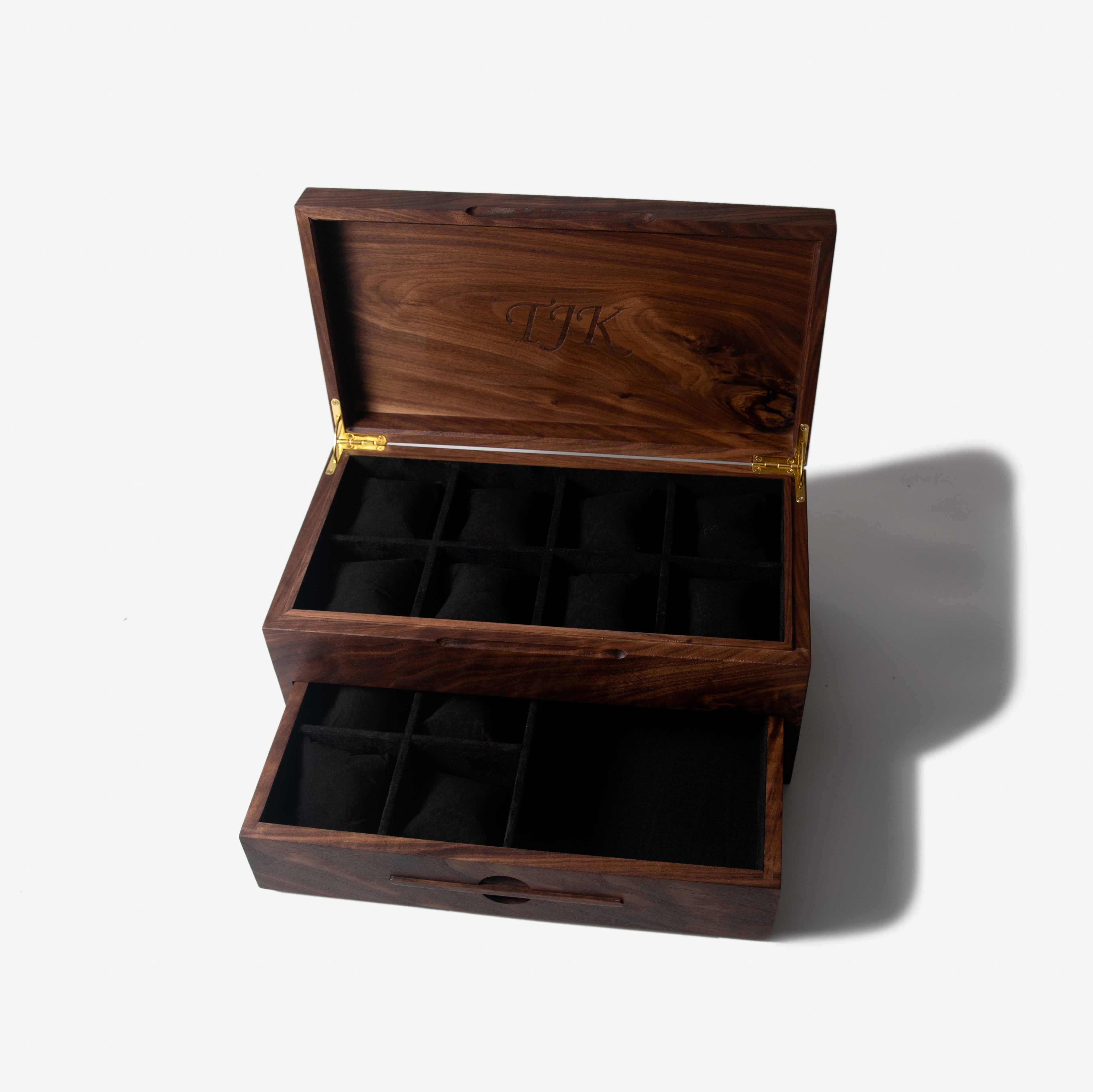Watch Box with Drawer - Solid Black Walnut - 12 to 16 Watch Compartments