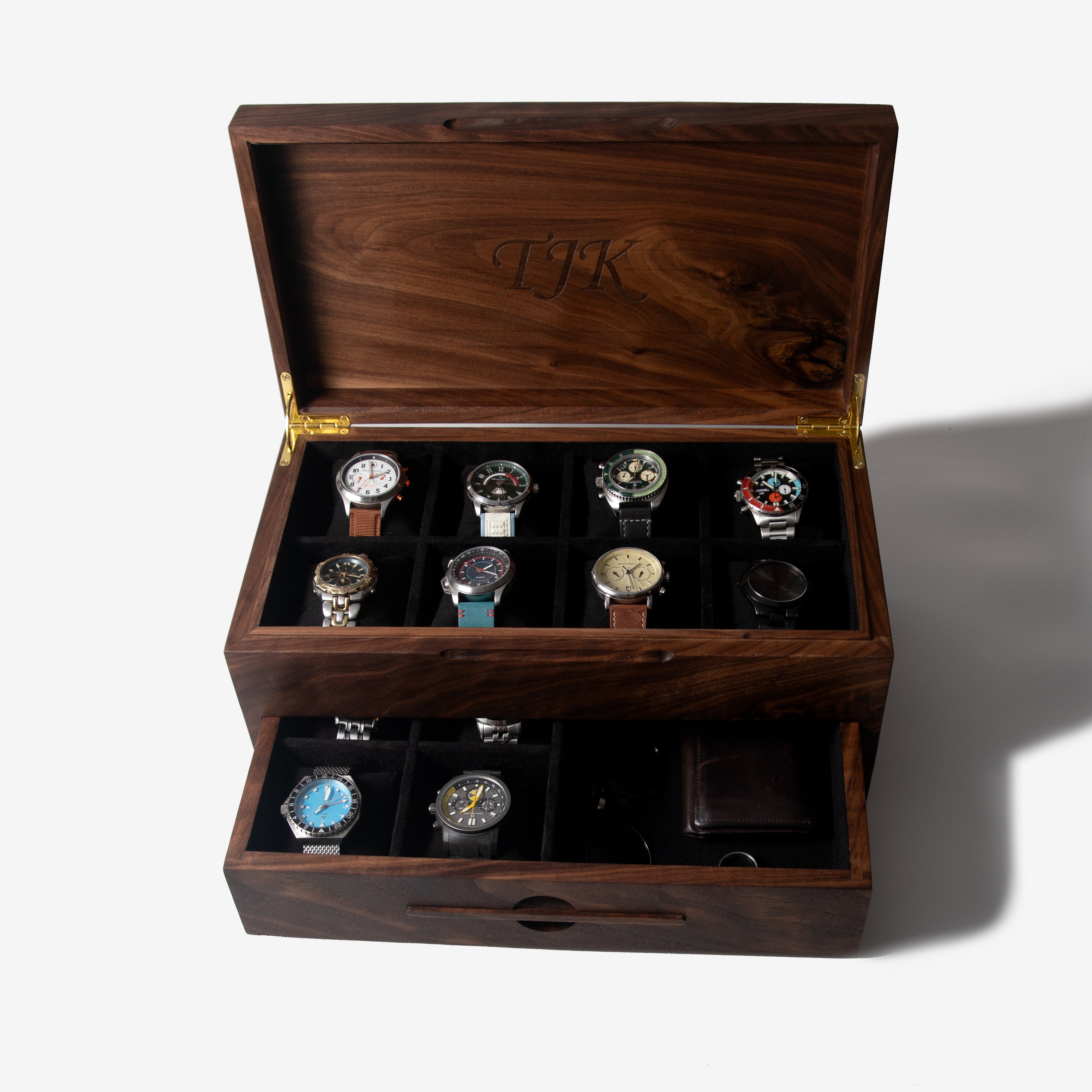 Watch Box with Drawer - Solid Black Walnut - 12 to 16 Watch Compartments