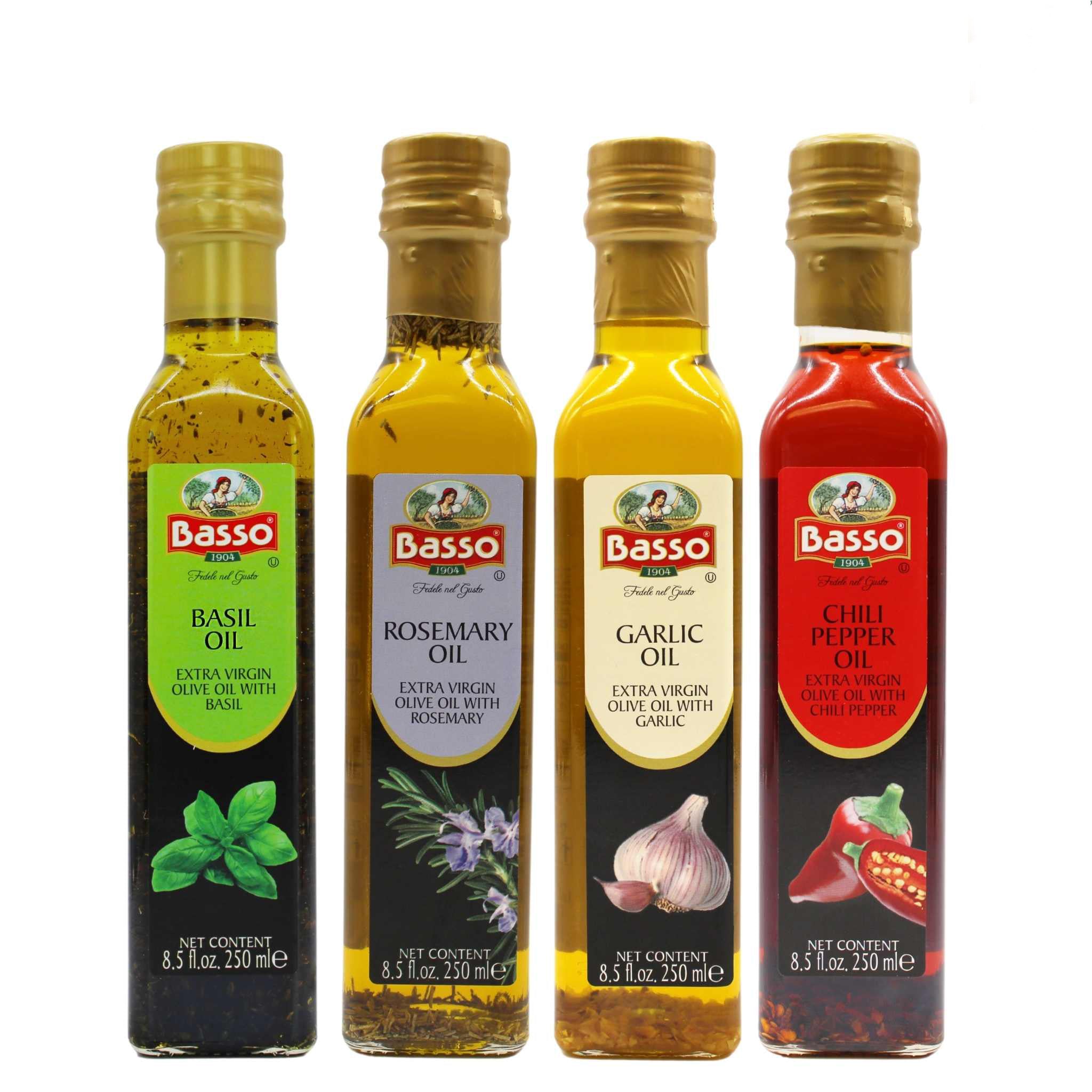 Basso 1904 Infused Extra Virgin Olive Oil Gift Set – Garlic, Chili Pepper, Rosemary, Basil – 4 x 8.5 fl oz (250 ml)