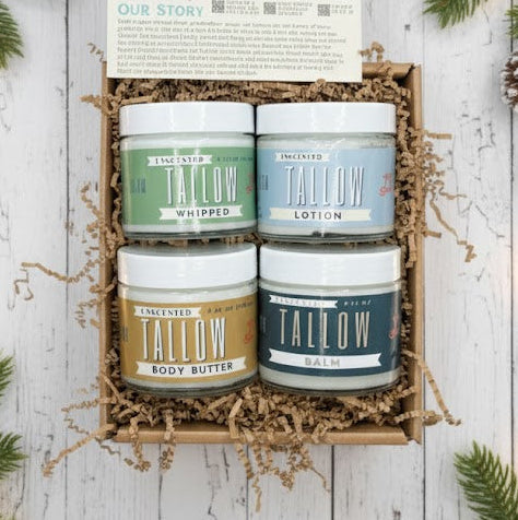 Unscented Tallow Skincare Collection | 4-Piece Gift Set | Grass-Fed Tallow Lotion, Body Butter, Balm & Whipped Moisturizer